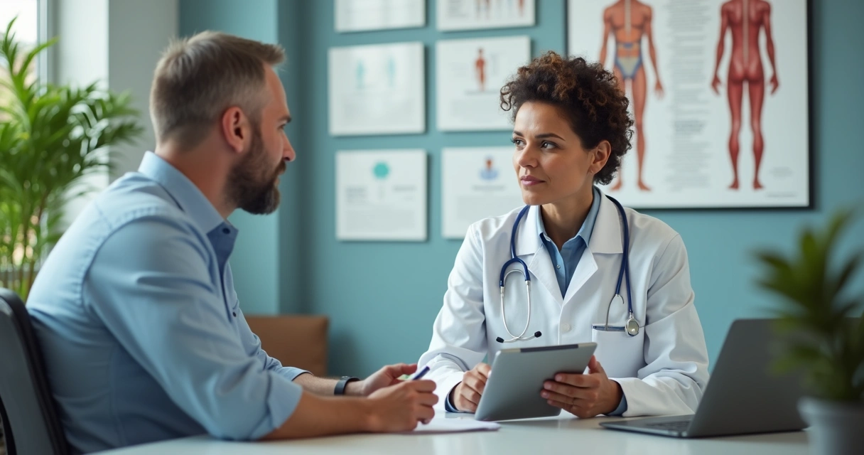 Consulta de endocrinologista com paciente masculino na clínica