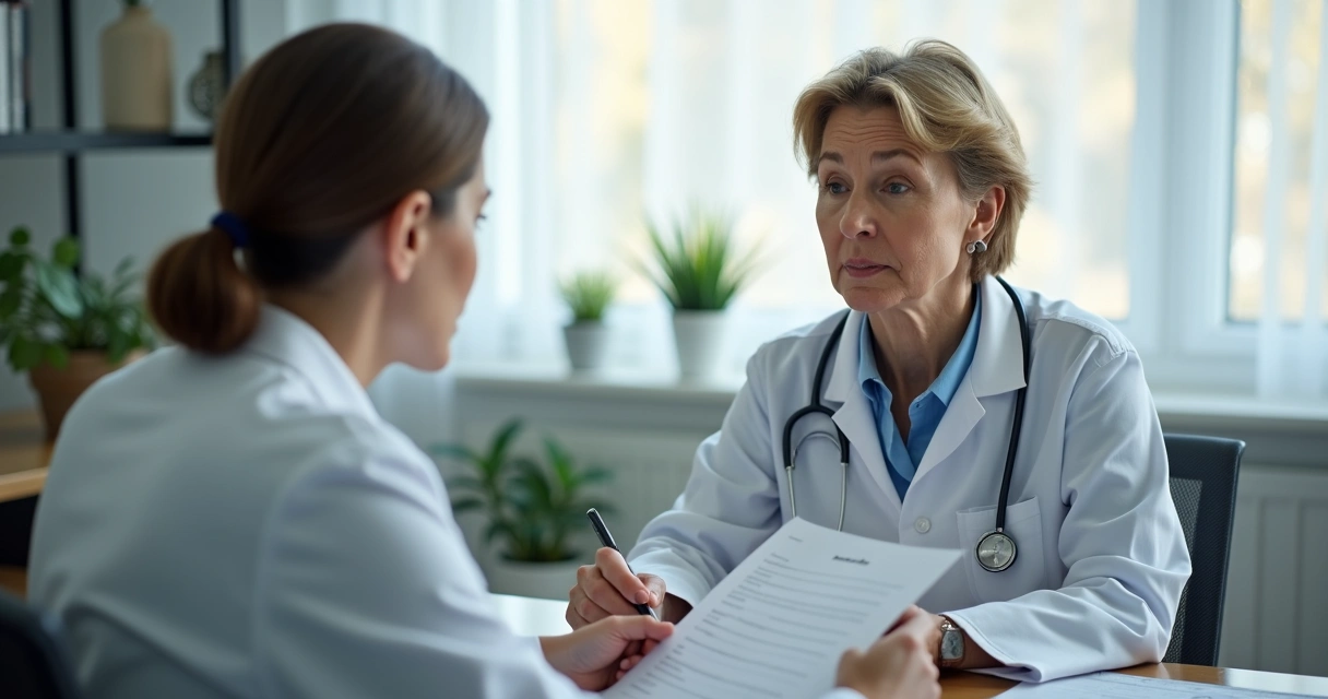 Mulher em consulta detalhada com endocrinologista em consultório moderno 