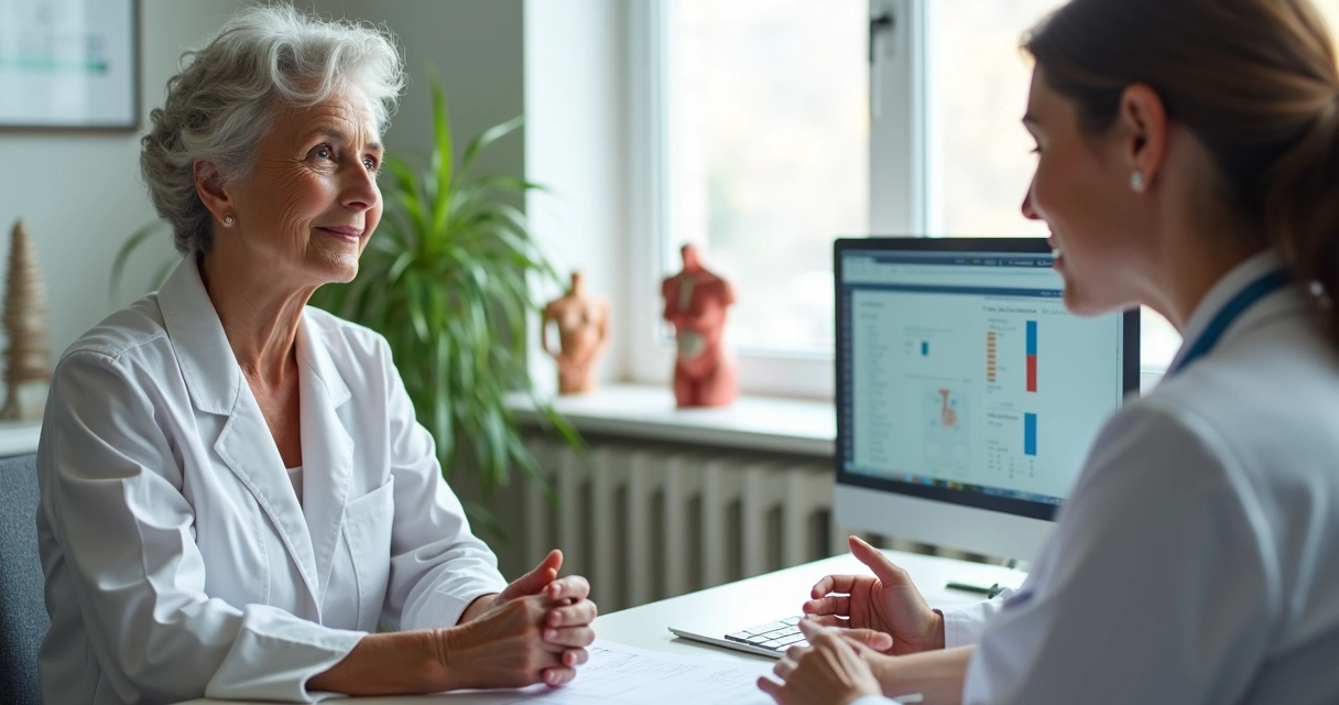 Mulher madura em consulta com endocrinologista discutindo sintomas da menopausa 