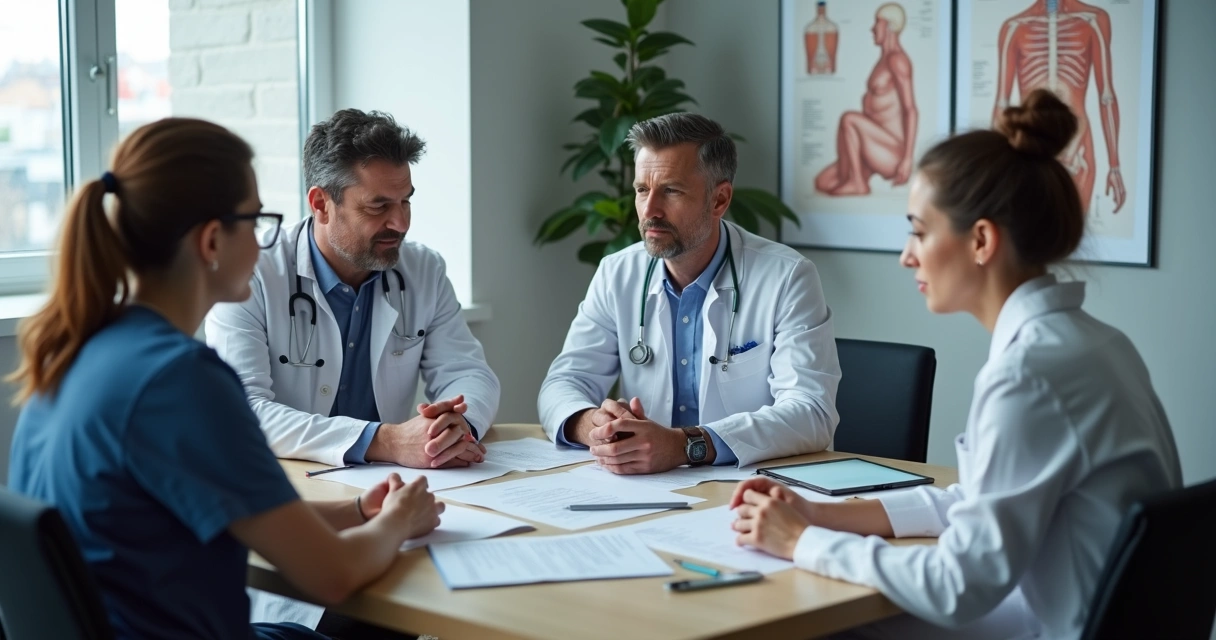 Equipe multidisciplinar em reunião avaliando caso de dor facial 