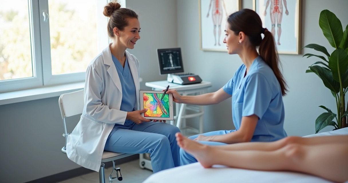 Médica mostra mapa de veias em tablet para paciente sentada em consultório 