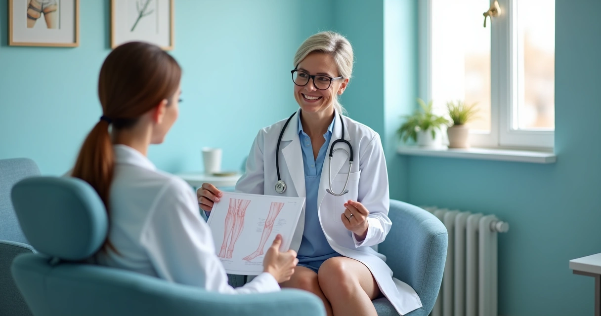 Médica conversando com paciente sobre tratamento de escleroterapia 