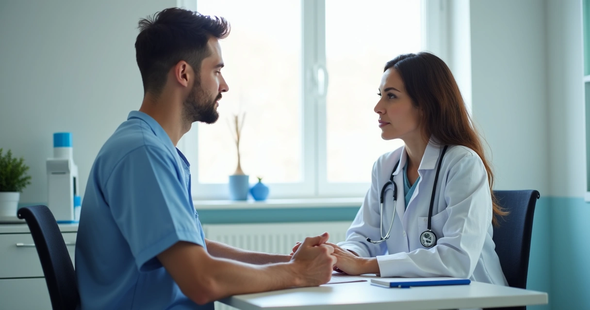 Profissional de saúde escutando paciente em consulta 