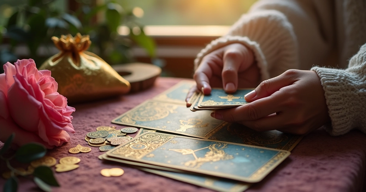 Símbolos de amor e prosperidade em mesa de consulta esotérica 