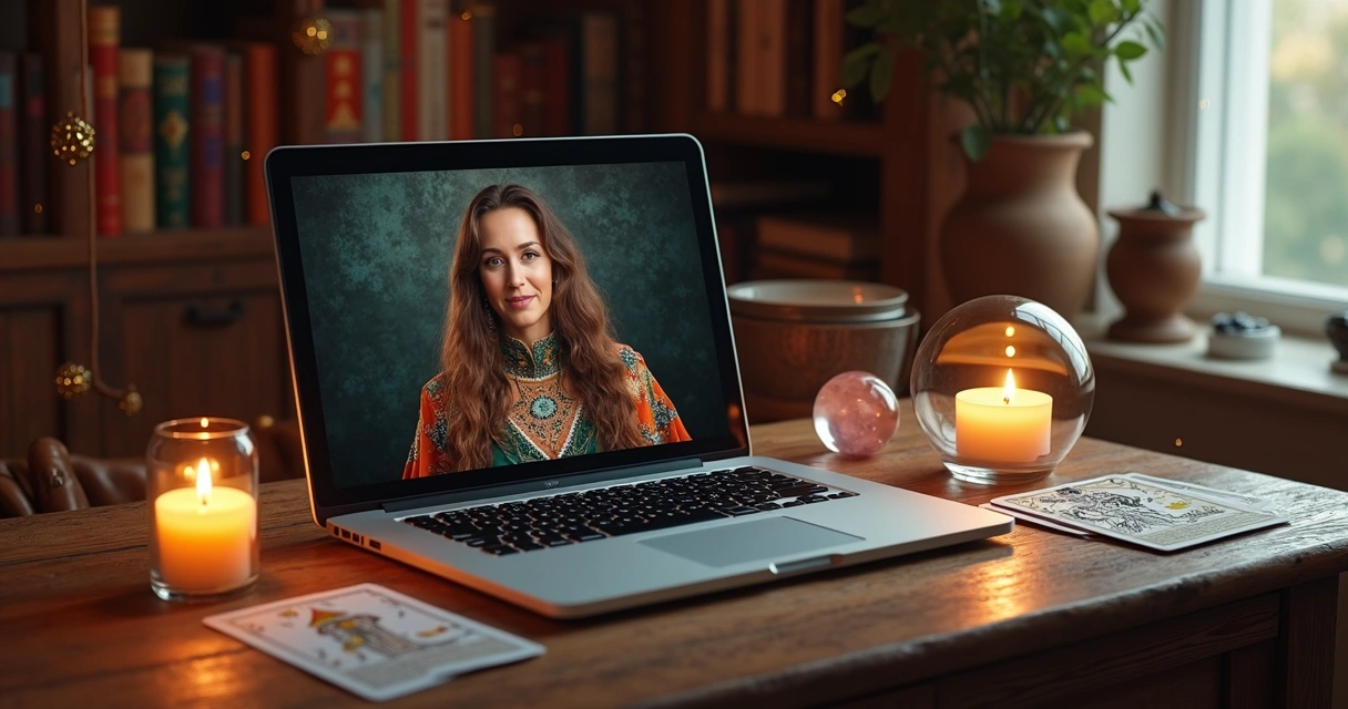 Tela de computador com tarot, vela acesa e símbolos místicos 