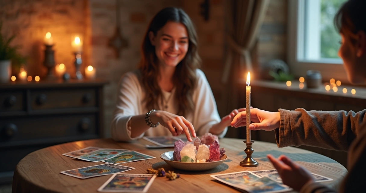 Mesa com cristais, incenso e consultora em ambiente místico 