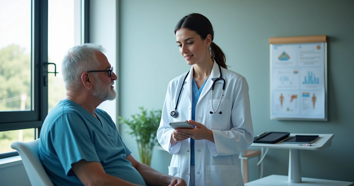 Paciente consultando especialista médico em consultório moderno com tela exibindo opções de coberturas extras 