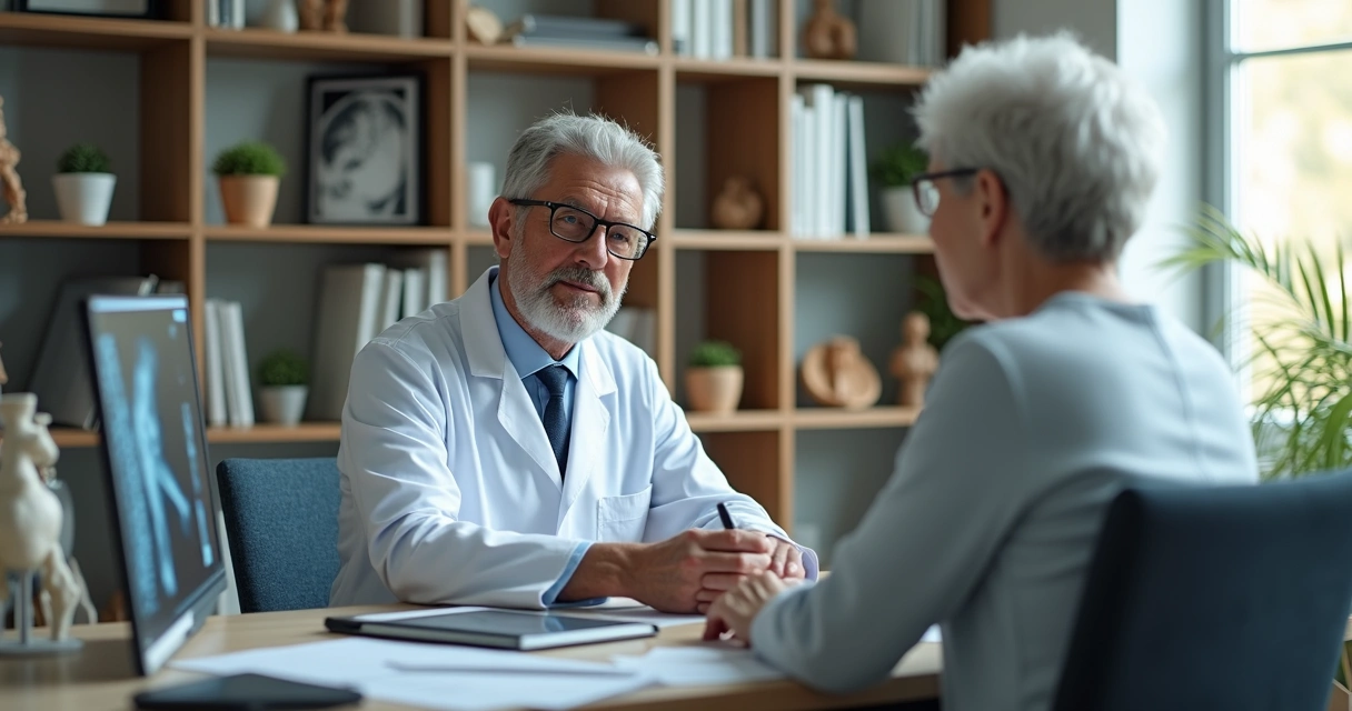 Médico consulta paciente em consultório ortopédico com computador e exames sobre a mesa 