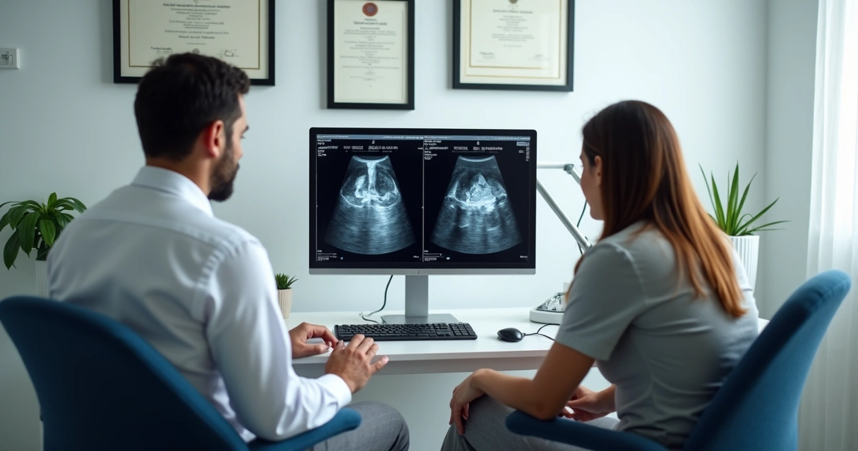 Consulta com especialista vascular discutindo diagnóstico de varizes em consultório moderno 