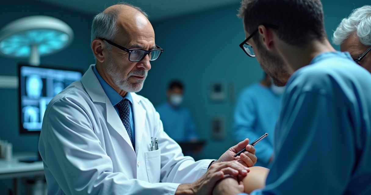 Médico especialista vascular examinando a perna de um paciente em clínica moderna 