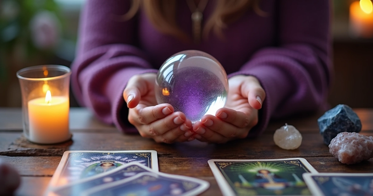 Mãos femininas segurando uma bola de cristal sobre mesa com cartas e cristais 