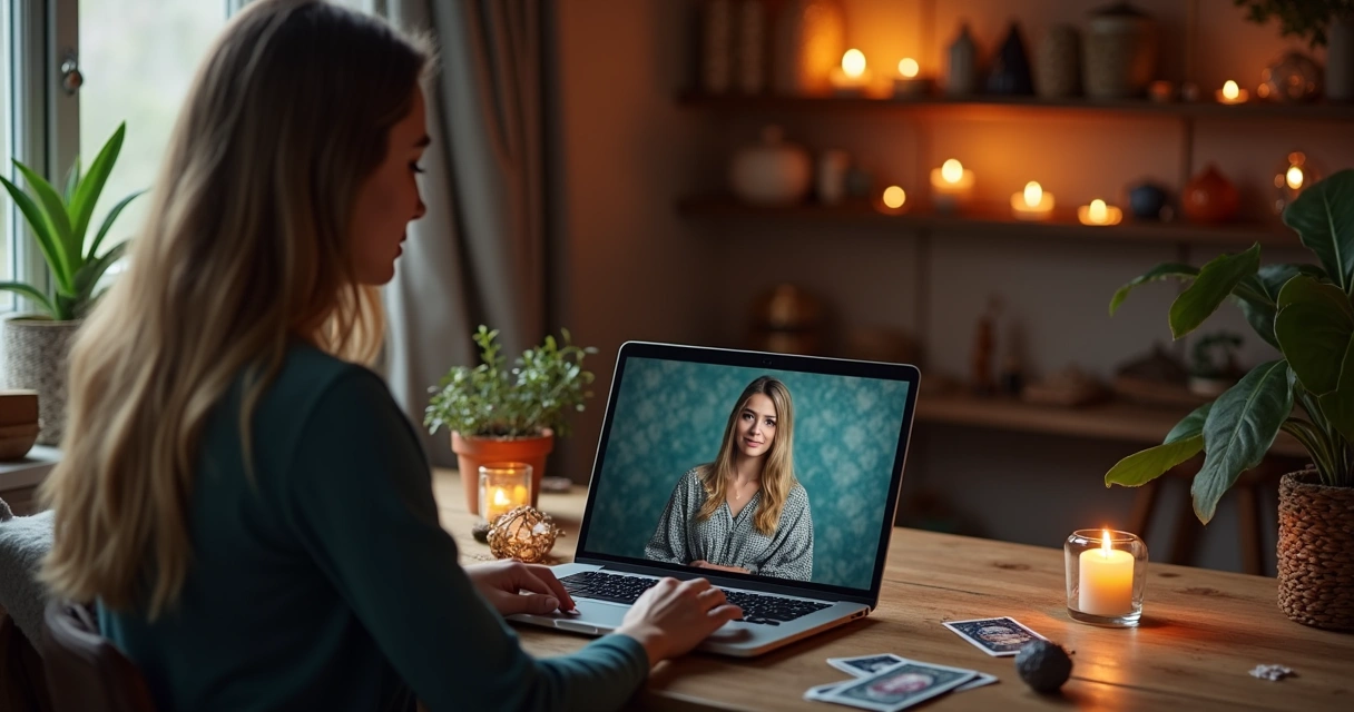Pessoa consultando tarot online pelo chat com mesa radiônica ao fundo 