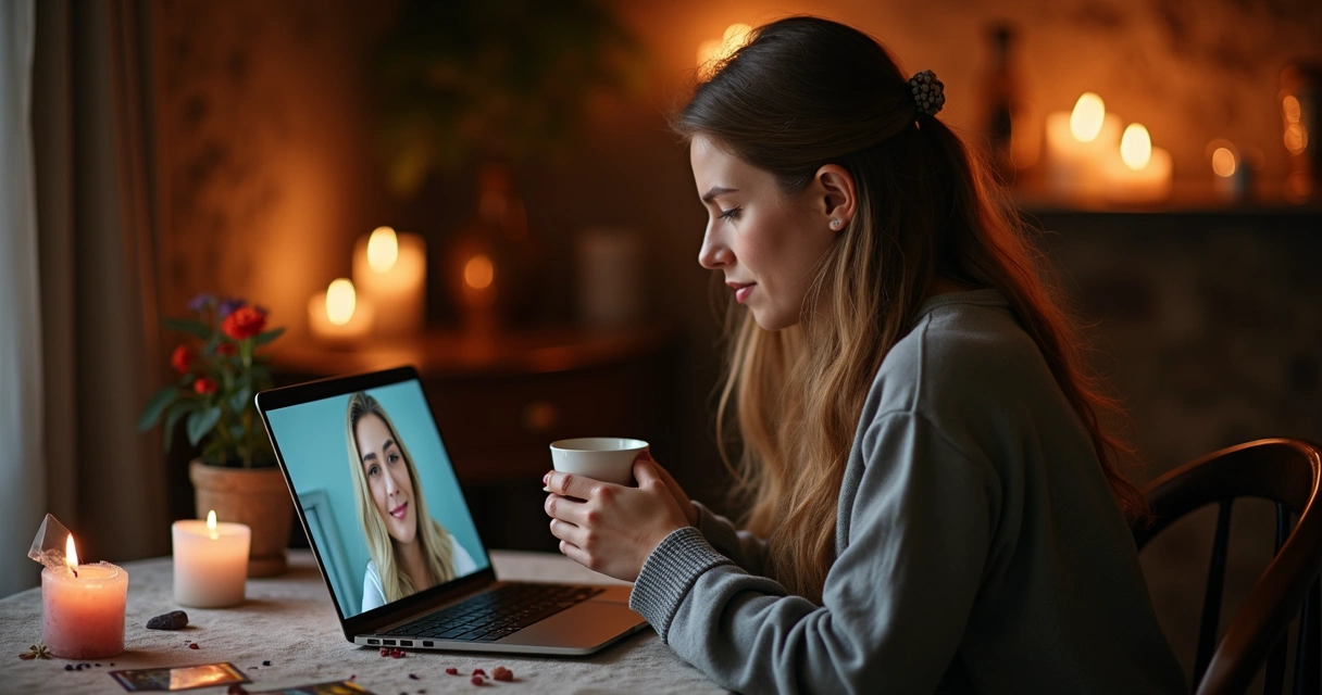Mulher jovem com expressão serena segurando um copo, sentada à frente de um notebook durante consulta espiritual por chat. 