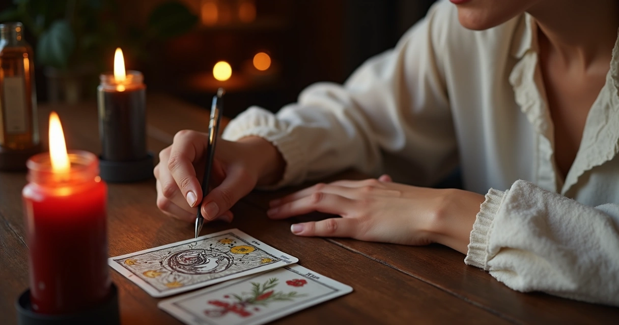 Pessoa lendo cartas com símbolo de Exu Tranca Rua, rodeada de velas acesas 