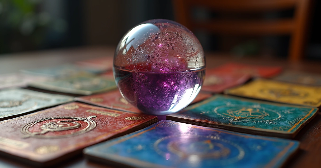 Mesa com cartas de tarô cigano, bola de cristal e cristais coloridos para consulta espiritual 
