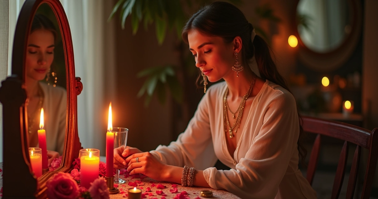Mulher acendendo vela diante de espelho em ambiente espiritual