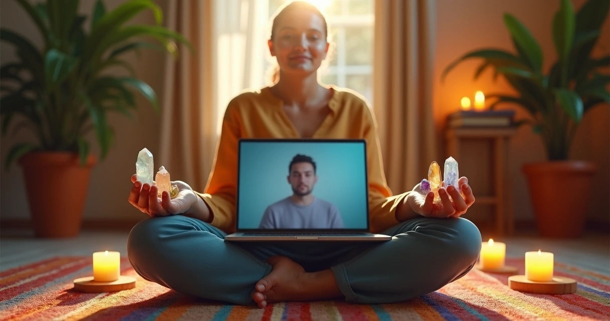 Pessoa segurando cristais em ambiente acolhedor enquanto recebe orientação espiritual online via notebook 