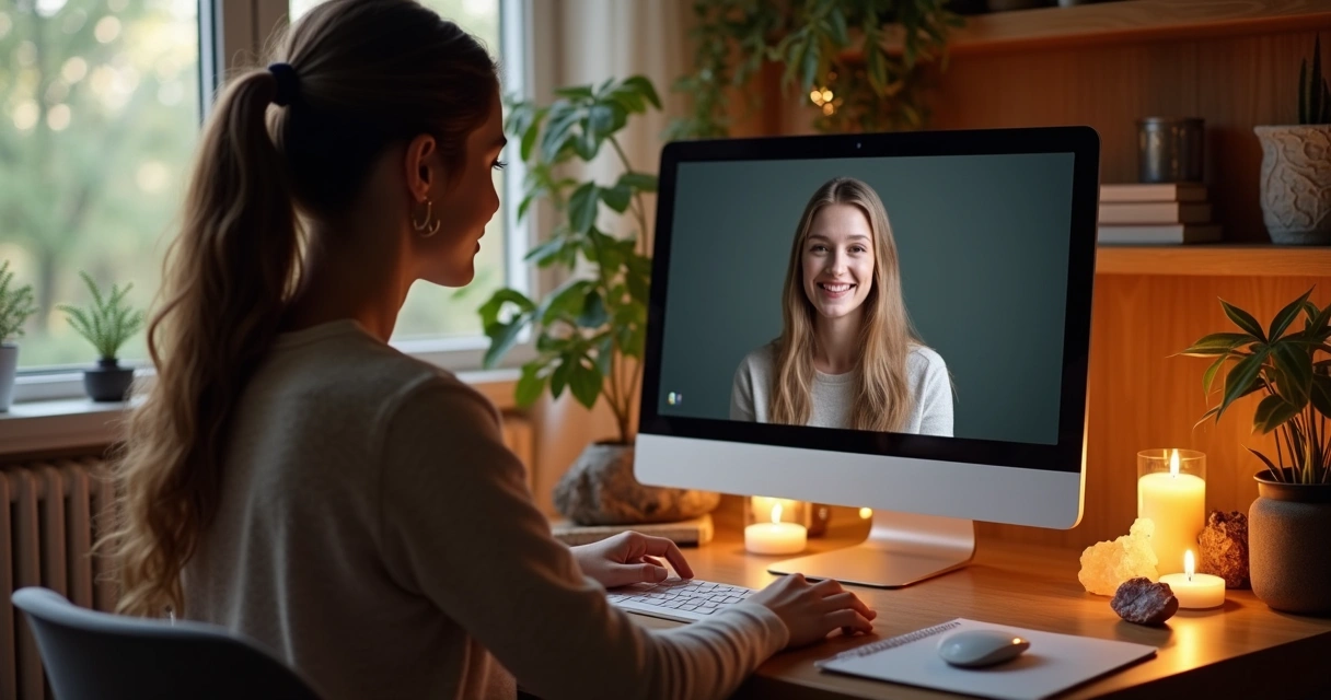 Pessoa consultando especialista espiritual online via computador com ambiente tranquilo 