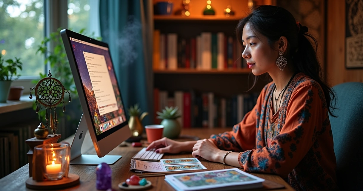 Consultor espiritual realizando atendimento online com cartas de tarô, cristais e elementos místicos sobre mesa 