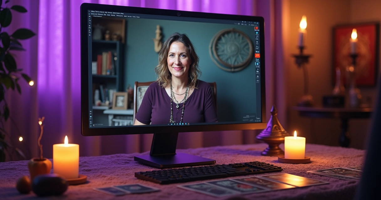 Tela de chat online com cartas de tarot, ambiente místico ao fundo 