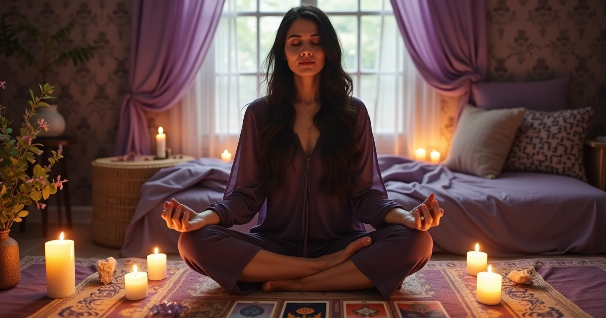 Mulher meditando com cartas de tarot e cristais sobre a mesa 