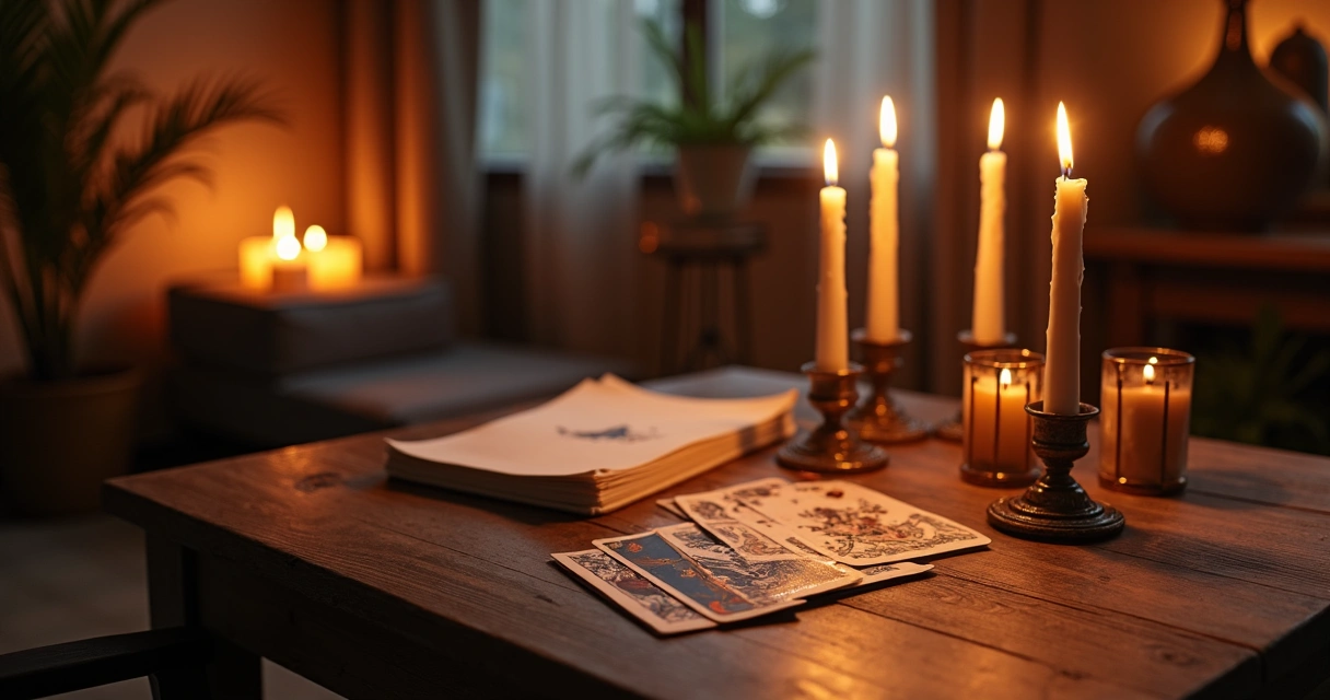Mesa com velas, cartas de tarot e caderno de anotações, luz suave espacial