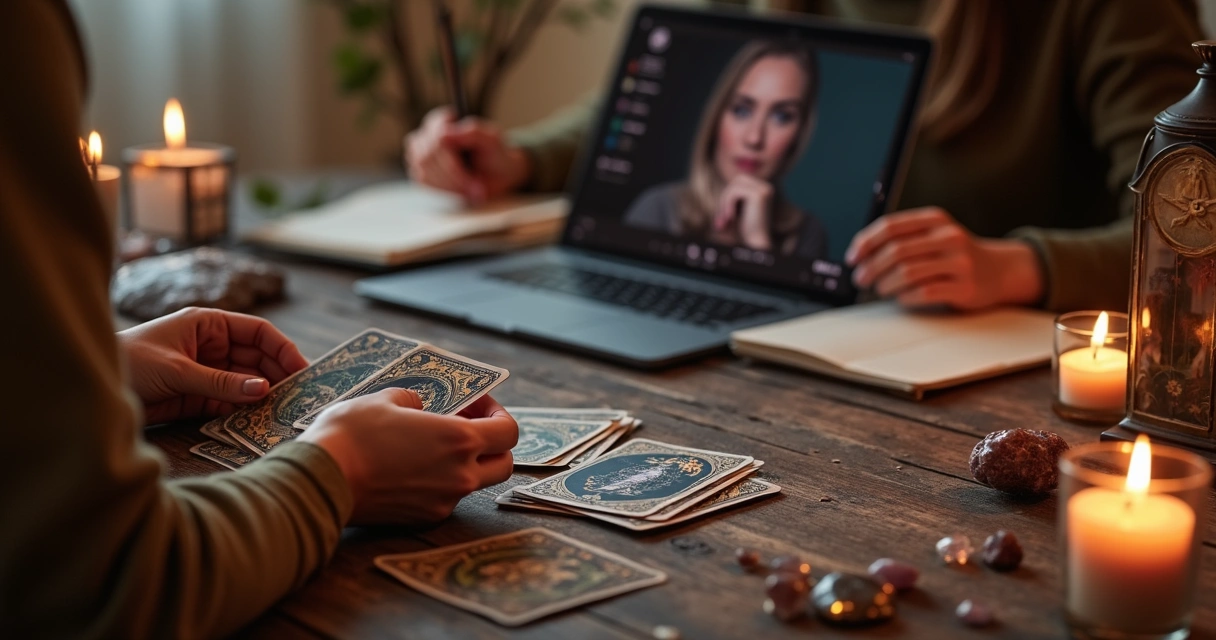 Mesa de tarot com cartas abertas e mãos femininas diante do computador 