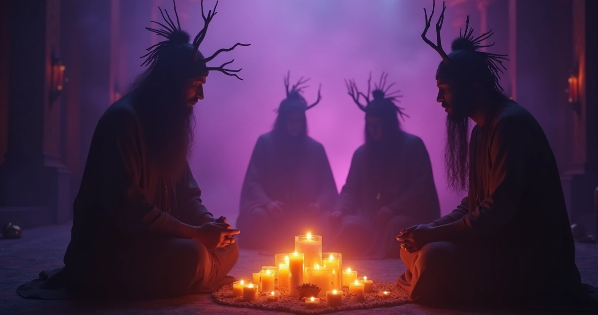Silhuetas de orixás em círculo ao redor de velas acesas 