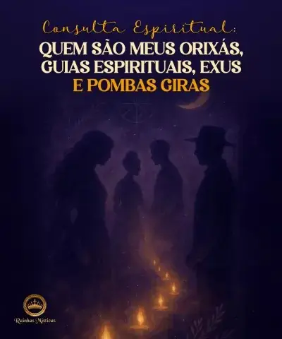 Silhuetas de orixás, guias espirituais, exus e pombas giras em fundo escuro com velas acesas