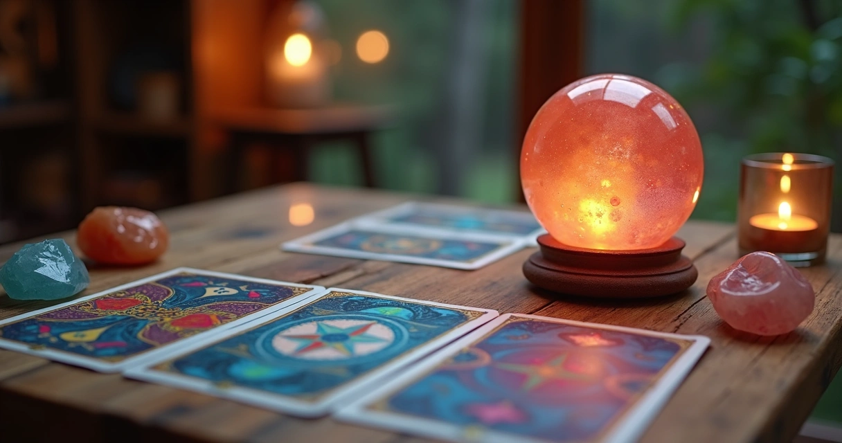 Mesa de madeira com ferramentas de aconselhamento espiritual incluindo tarô cigano, bola de cristal e cristais coloridos sob luz suave 