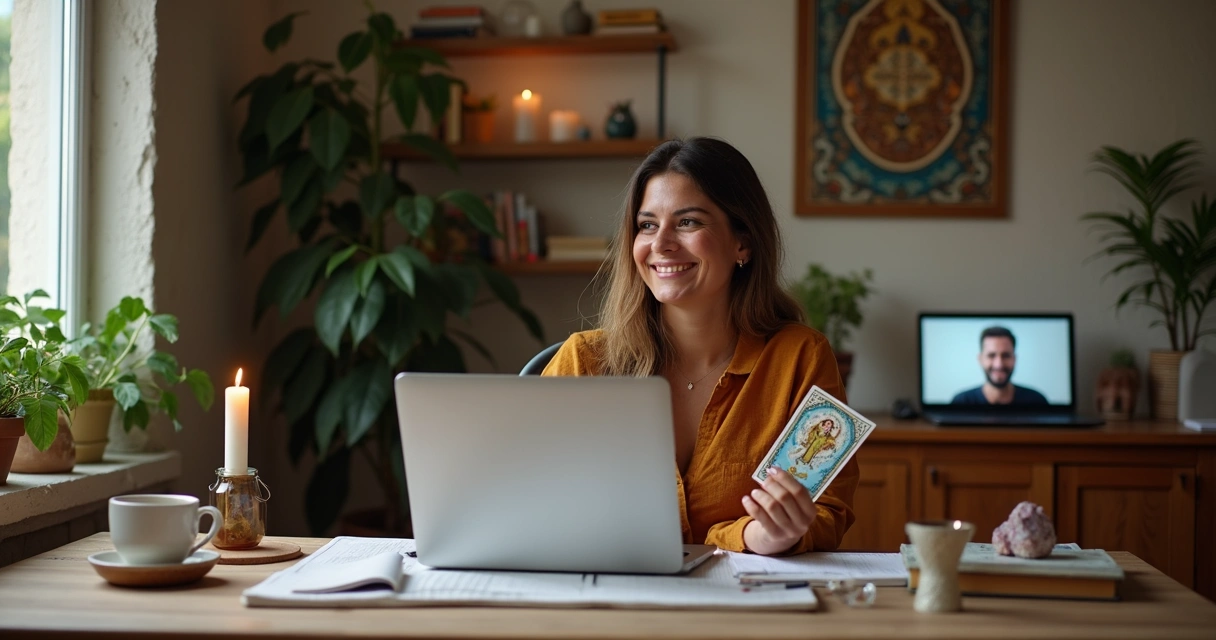 Consultora espiritual com cartas durante videoconferência 