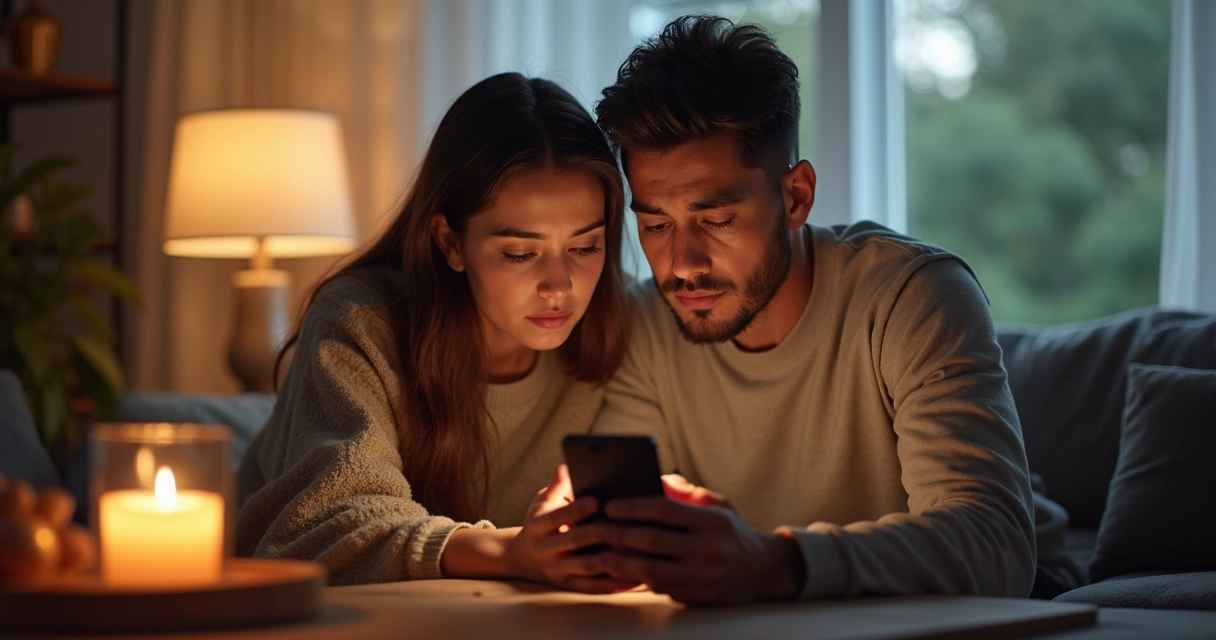 Casal preocupado recebendo orientação espiritual no celular 