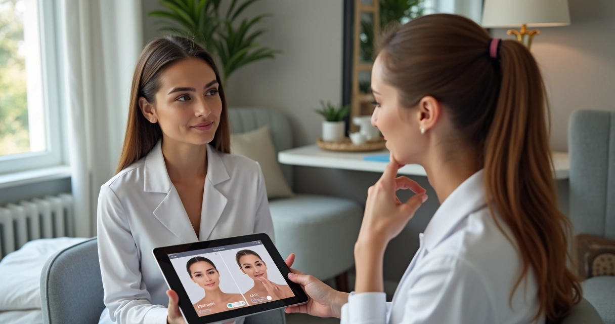 Profissional de estética conversando com cliente e mostrando resultados em tablet 