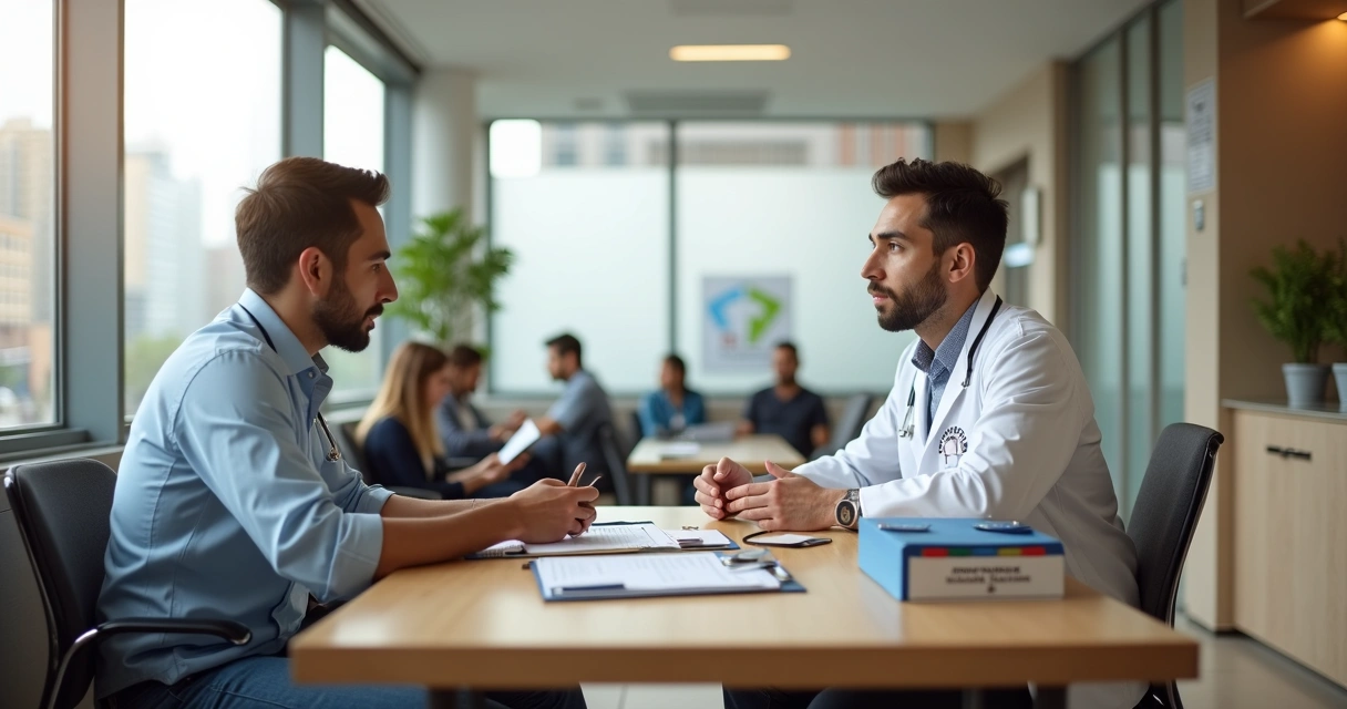Profissional de saúde conversa com trabalhador em clínica durante exame admissional 