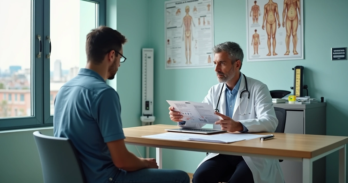 Médico do trabalho explicando laudo de exame admissional para trabalhador em clínica ocupacional 
