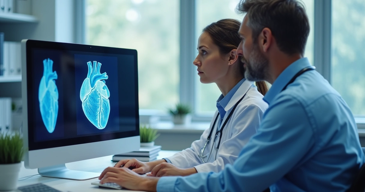 Médico e paciente analisando exame de coração.