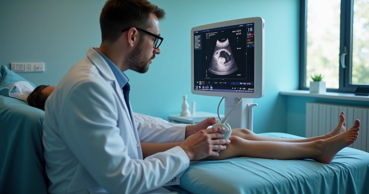 Médica e paciente em exame de ultrassom das pernas 