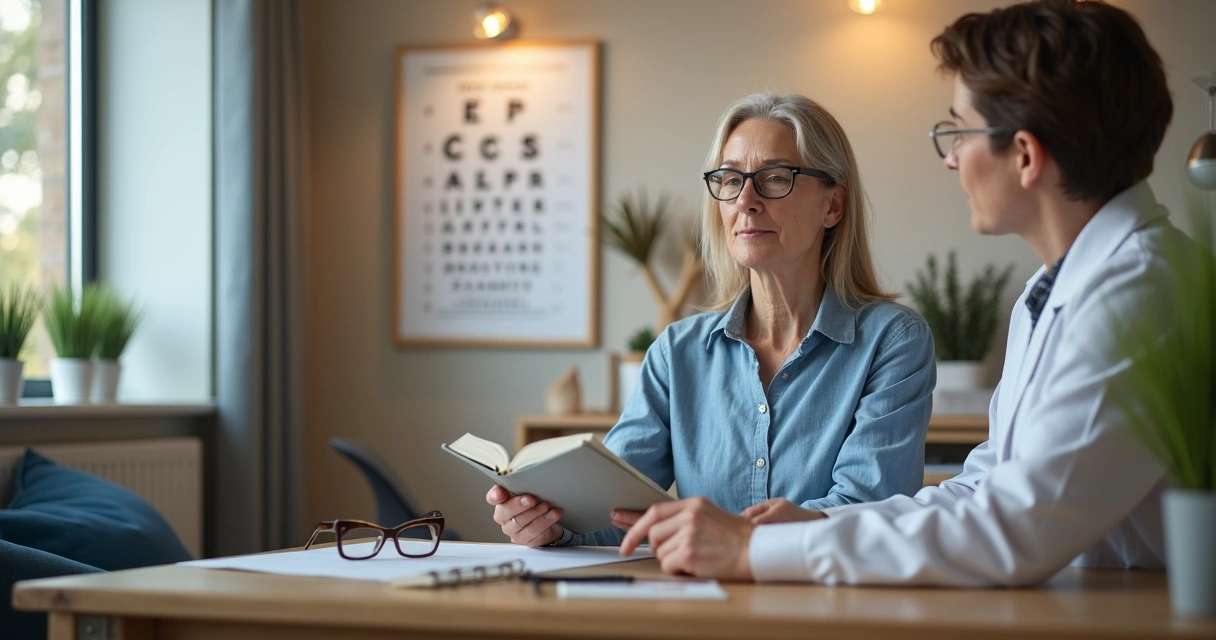 Mulher madura fazendo exame de vista com quadro de letras ao fundo 