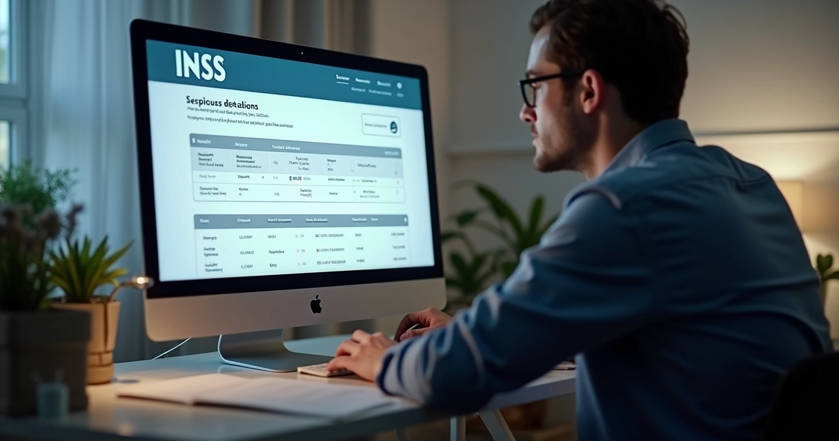 Pessoa olhando tela do computador com extrato do INSS 