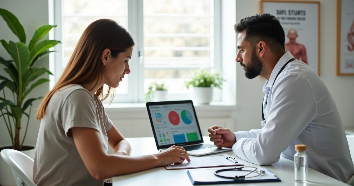 Médico avaliando paciente cansada em consultório de nutrologia 