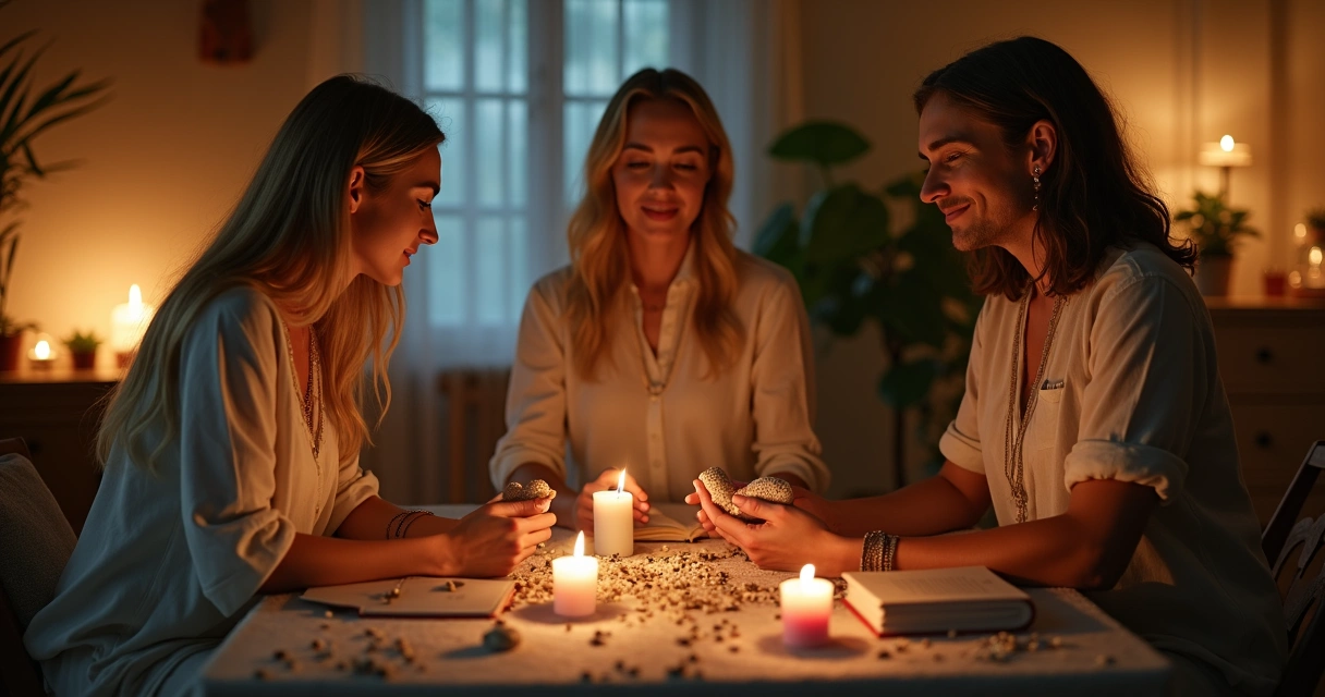 Mesa de consulta espiritual com búzios e luz suave de velas. 