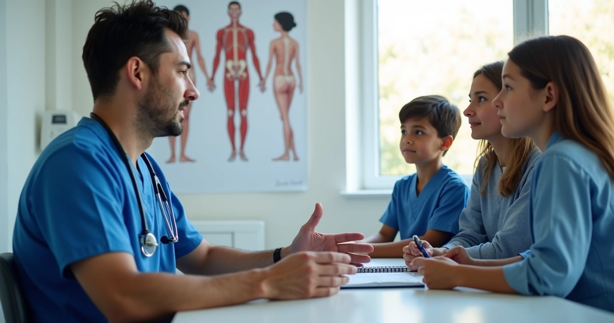 Médico conversando com família em consultório sobre prevenção de varizes 
