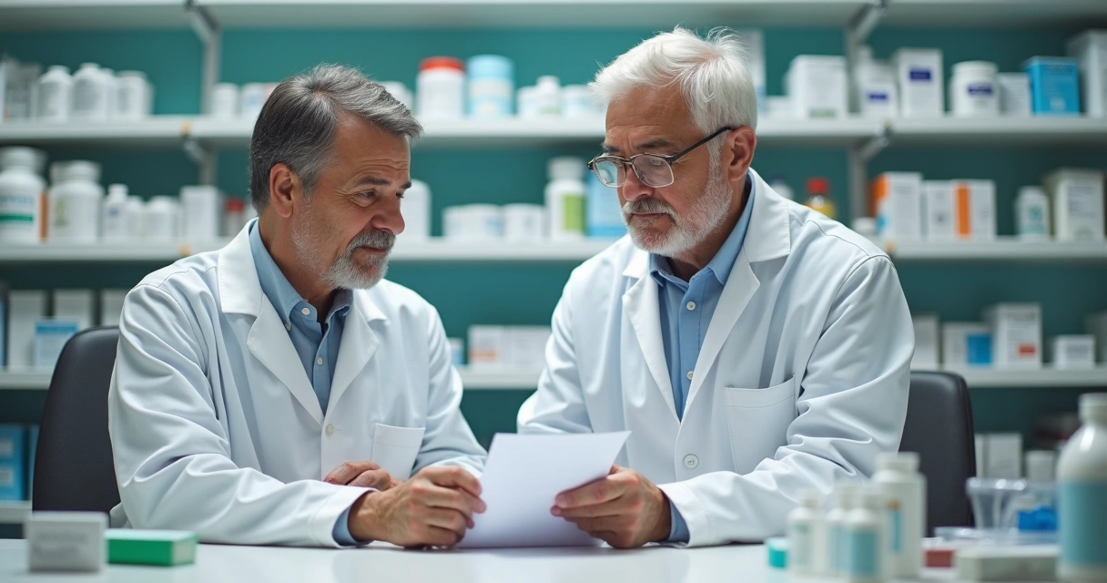 Farmacêutico orientando paciente em balcão de farmácia de manipulação 