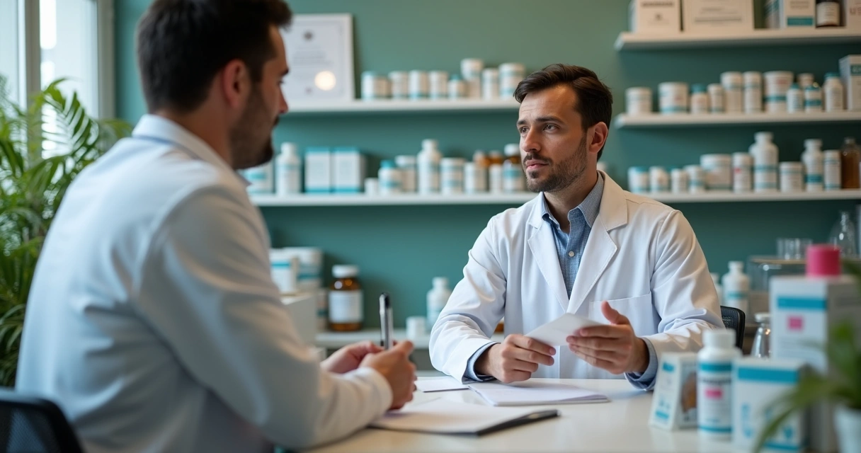 Farmacêutico manipulando fórmula com paciente ao lado