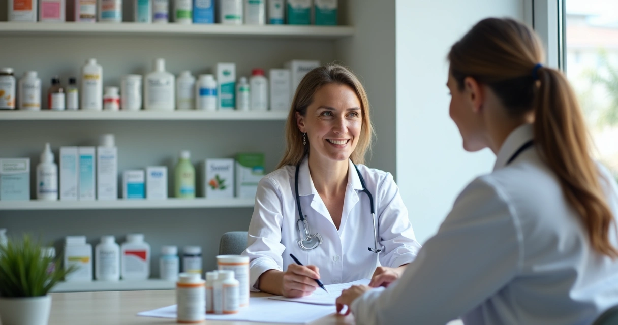 Paciente sendo orientada por farmacêutica em consultório de farmácia 