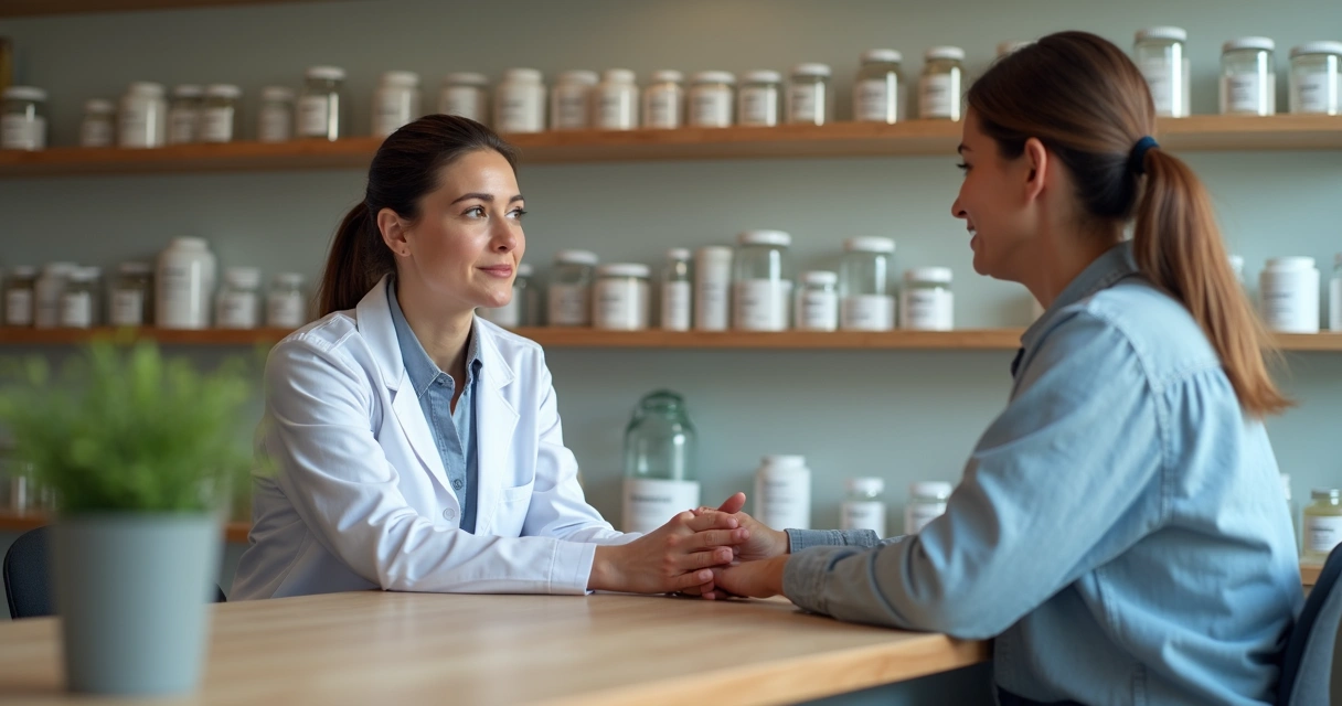 Farmacêutico em farmácia de manipulação atendendo um paciente