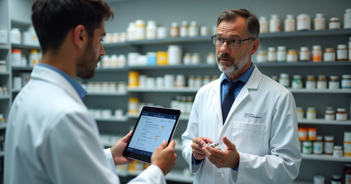 Pessoa consultando farmacêutico sobre suplemento personalizado na farmácia 