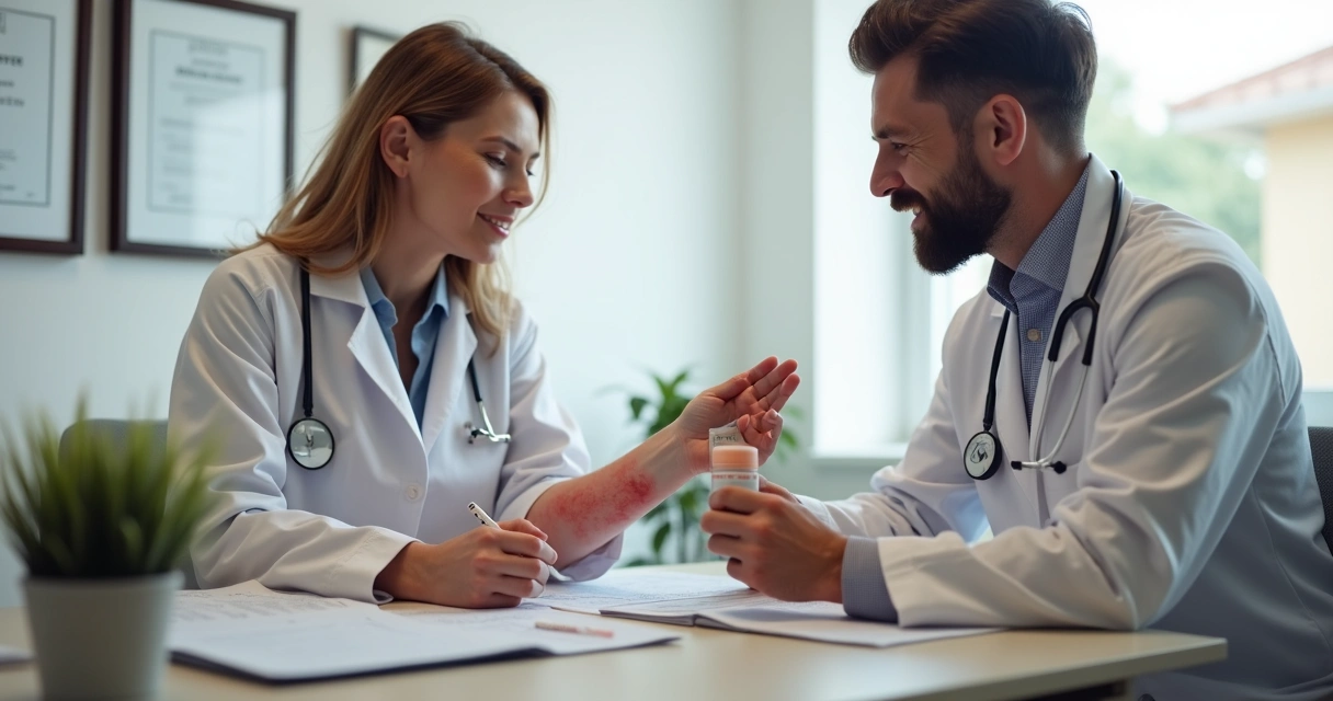 Dermatologista e paciente durante avaliação de tratamento de dermatite