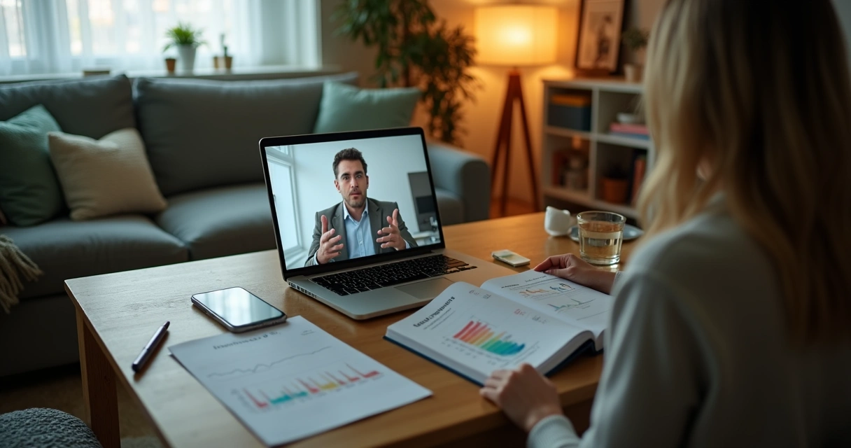 Pessoa em mesa olhando finanças enquanto conversa com consultor financeiro na tela do notebook 