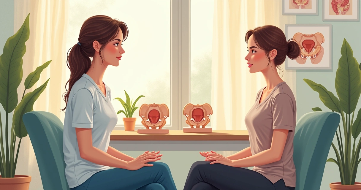 Consulta de fisioterapia pélvica com fisioterapeuta e paciente mulher 